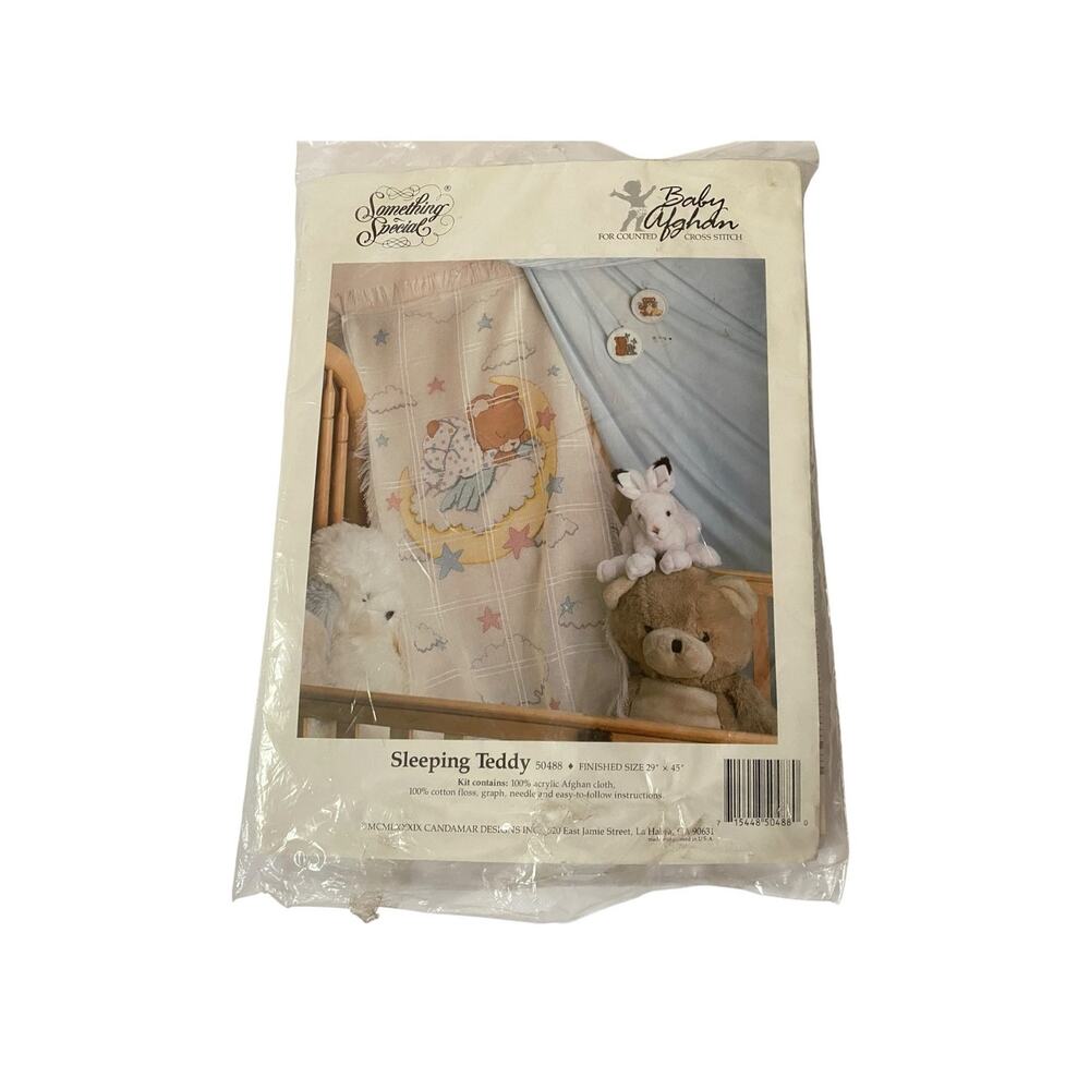 Something Special Sleeping Teddy Counted Cross Stitch Baby Afghan 5240 VTG OPEN